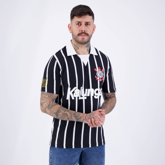 Polo Corinthians Retro Kalunga Preta e Branca - vista frontal